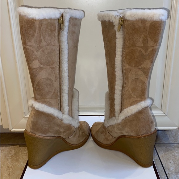 COACH Jordana Suede Shearling Trim Wedge Boots in Tan & Beige in Size 7 - Picture 9 of 15